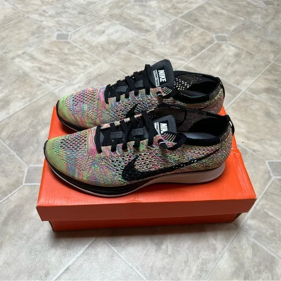 USED Authentic Men’s Nike Flyknit Racer Shoes in Pink Gray Multicolor Tie Dye - Picture 2 of 6